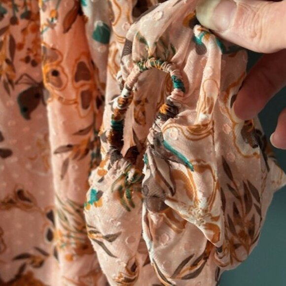 Joie Peach Brown Floral L Blouse V Neck Tie Boho Romantic Puff Swiss Dot Chic - Picture 5 of 8